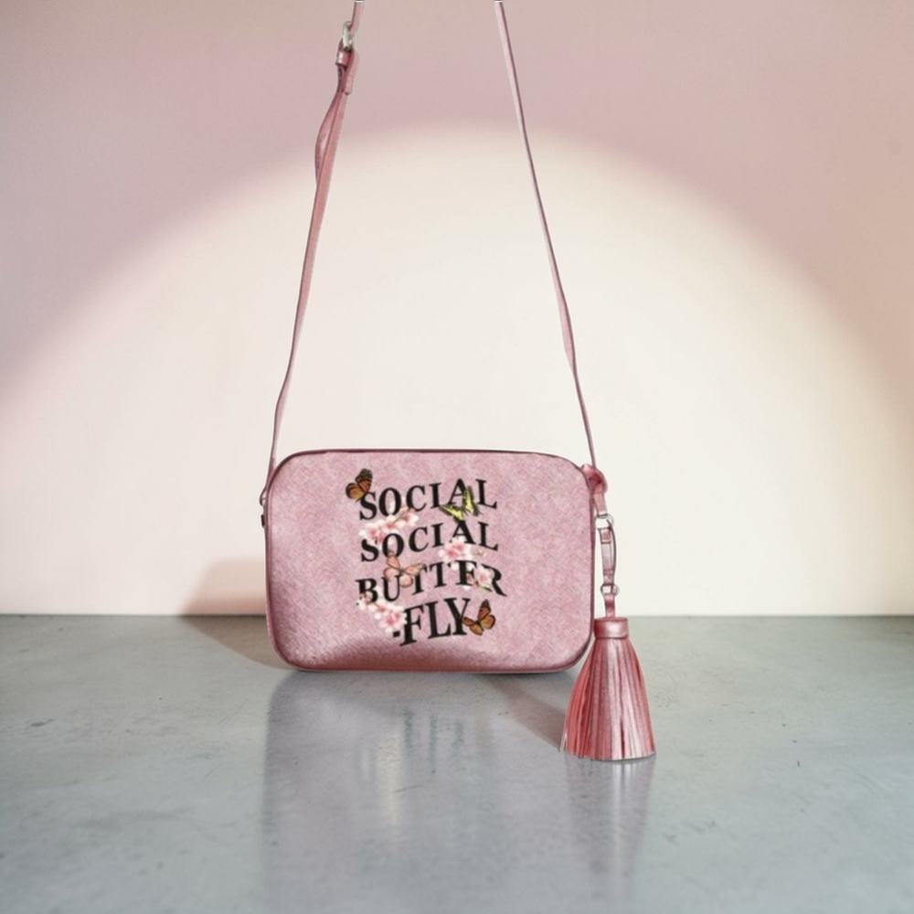 Pink Crossbody Bag with Tassel and Butterfly Accent